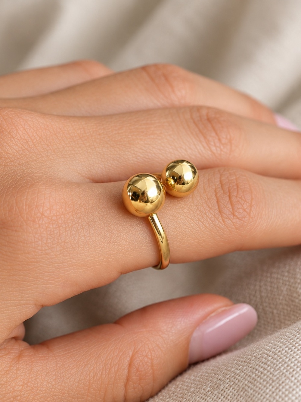 14K Gold Plated Double Ball Open Wrap Ring Modern Bypass Statement Jewelry